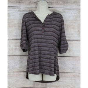 Lilly Lou Womens 3/4 Roll Tab Sleeve Knit Striped Top Shirt Size Large Brown